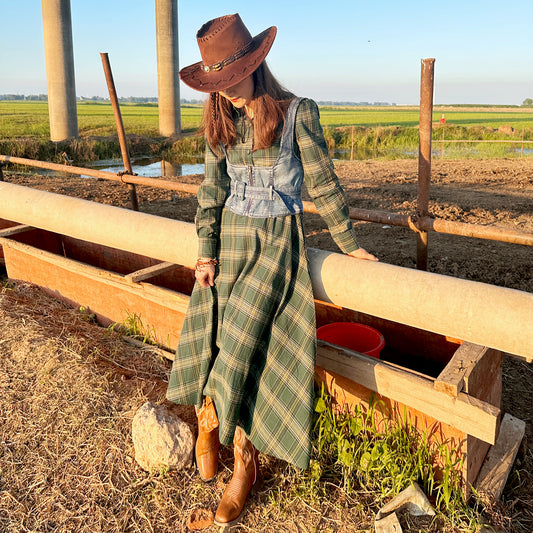 Belle retro plaid two-piece midi dress with denim vest